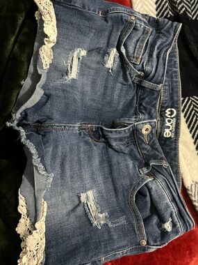 Warehouse Distressed Denim Shorts in Dark Blue with Lace Trim